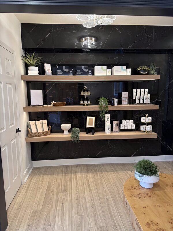 Retail shelf with curated hair and scalp care products